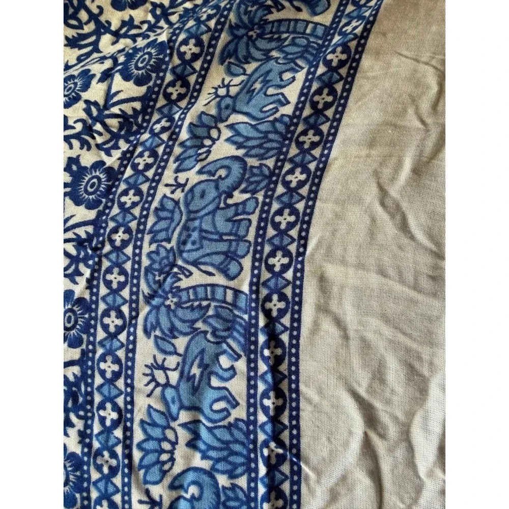 Blue White Mandala Elephant Print Sarong Wrap Beach Cover Up Fringe Tassel Shawl